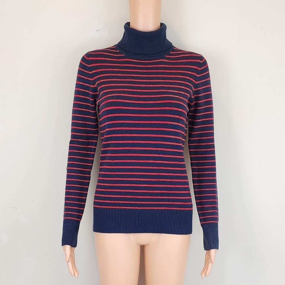 French Connection Blue & Red Stripe Long Sleeve Turtleneck Sweater